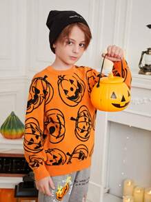 SHEIN Cậu bé Tween Lỏng lẻo Phù hợp Tay áo dài Vòng cổ Họa tiết Bí ngô Áo chui đầu Áo len Cho Halloween - Nhiều màu - Xem 5