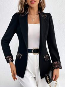 SHEIN Privé 蕾絲拼接單釦西裝外套 - 黑色 - 查看 4