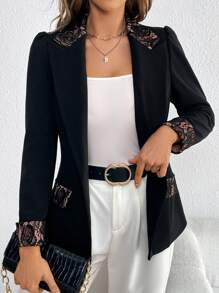 SHEIN Privé 蕾絲拼接單釦西裝外套 - 黑色 - 查看 3