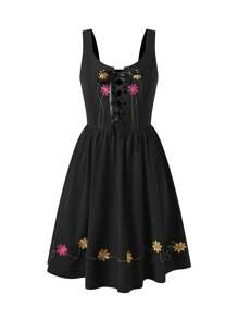 SHEIN Unity Floral Embroidery Lace Up Front Dress - Black - View 1