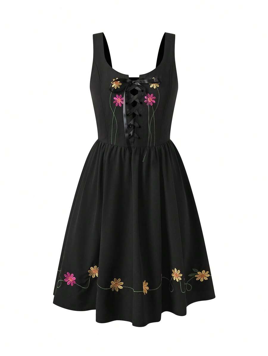 SHEIN Unity Floral Embroidery Lace Up Front Dress - Black - View 1