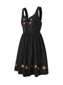 SHEIN Unity Floral Embroidery Lace Up Front Dress - Black - View 3