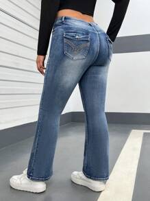 SHEIN EZwear Plus High Waist Flare Leg Jeans, Fall Women Clothes - Medium Wash - View 1