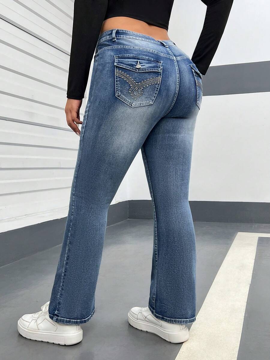 SHEIN EZwear Plus High Waist Flare Leg Jeans, Fall Women Clothes - Medium Wash - View 1