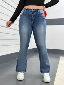 SHEIN EZwear Plus High Waist Flare Leg Jeans, Fall Women Clothes - Medium Wash - View 3