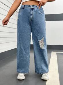 SHEIN EZwear Plus Ripped Wide Leg Jeans - Medium Wash - View 3
