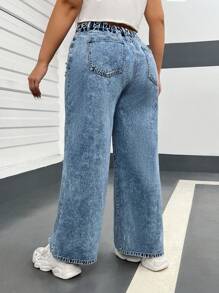 SHEIN EZwear Plus Ripped Wide Leg Jeans - Medium Wash - View 4