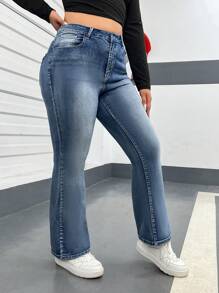 SHEIN EZwear Plus High Waist Flare Leg Jeans, Fall Women Clothes - Medium Wash - View 5