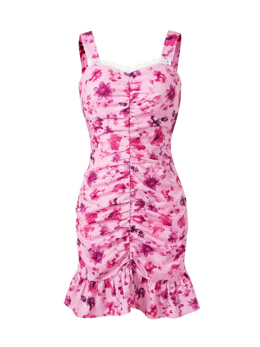 SHEIN Unity Floral Print Ruched Ruffle Hem Cami Dress - Multicolor - View 1