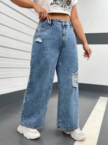 SHEIN EZwear Plus Ripped Wide Leg Jeans - Medium Wash - View 2