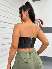 SHEIN EZwear 大碼手帕下擺牛仔抹胸上衣 - 黑色 - 查看 2