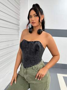 SHEIN EZwear 大碼手帕下擺牛仔抹胸上衣 - 黑色 - 查看 3