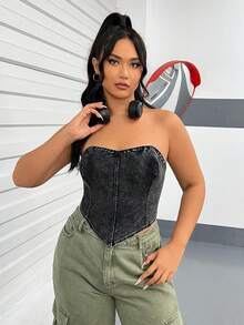 SHEIN EZwear 大碼手帕下擺牛仔抹胸上衣 - 黑色 - 查看 4