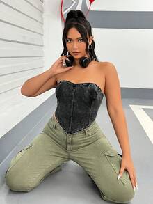 SHEIN EZwear 大碼手帕下擺牛仔抹胸上衣 - 黑色 - 查看 5