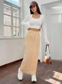 SHEIN EZwear 斜口袋燈芯絨半身裙