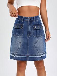 SHEIN EZwear Gonna in denim tasca con patta bordo grezzo