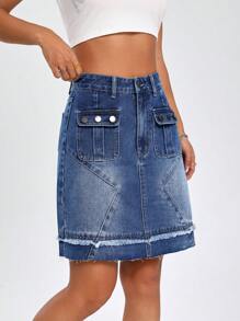 SHEIN EZwear Gonna in denim tasca con patta bordo grezzo