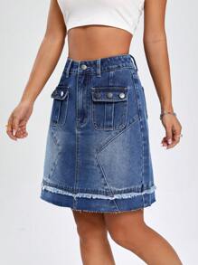 SHEIN EZwear Gonna in denim tasca con patta bordo grezzo