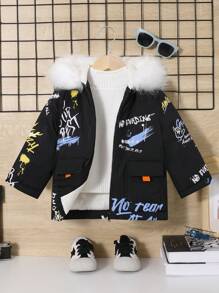 SHEIN Đứa bé trai Đồ họa Chữ cái Trang trí Fuzzy Áo trùm đầu - màu đen - Xem 4