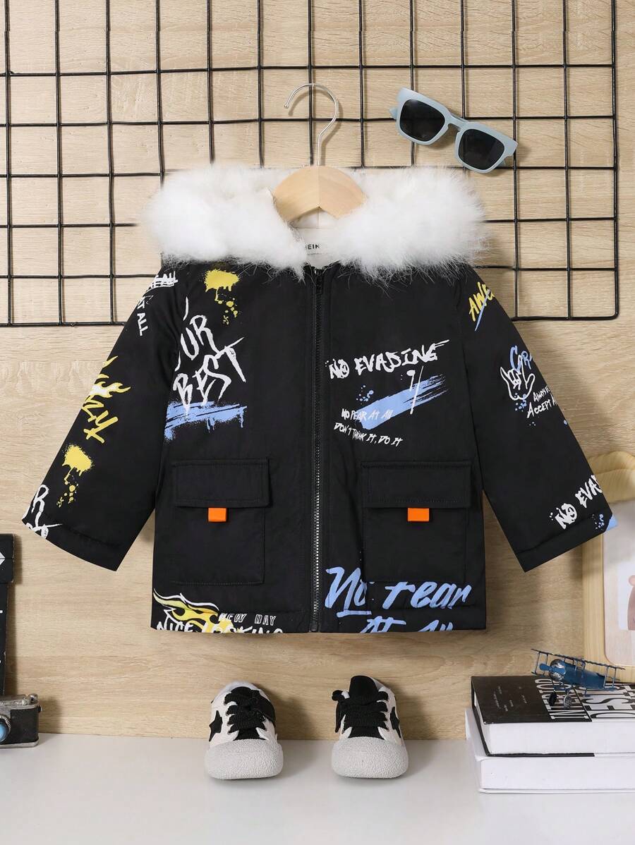 SHEIN Đứa bé trai Đồ họa Chữ cái Trang trí Fuzzy Áo trùm đầu - màu đen - Xem 1