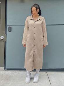 SHEIN EZwear Túi nghiêng Nút phía trước Thả vai áo - Màu Khaki - Xem 4