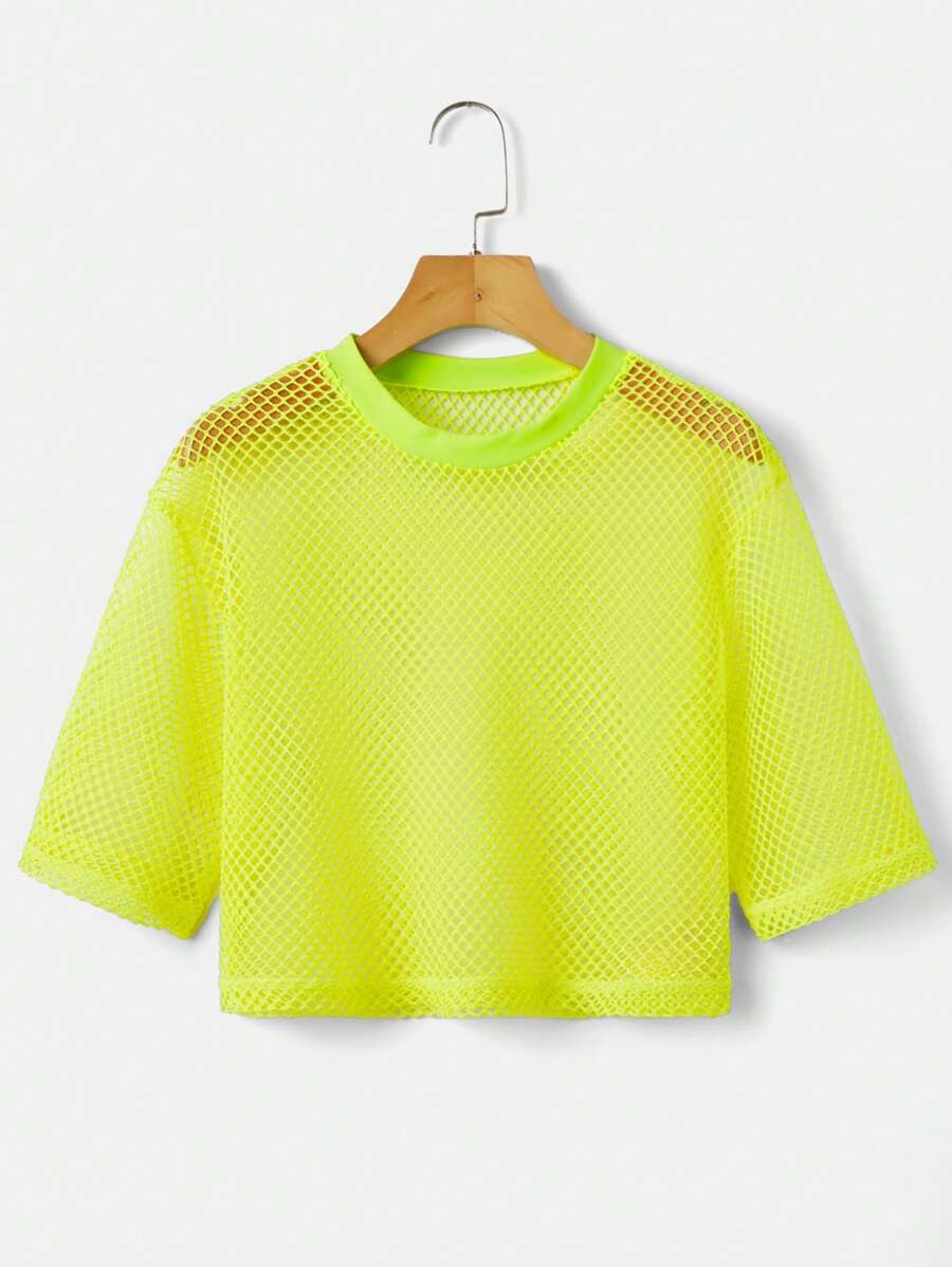 Neon Lime Solid Fishnet Mesh Graphic Summer GraphicCrop Top - Lime Green - View 1