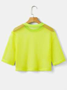 Neon Lime Solid Fishnet Mesh Graphic Summer GraphicCrop Top - Lime Green - View 2