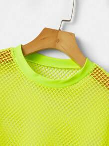 Neon Lime Solid Fishnet Mesh Graphic Summer GraphicCrop Top - Lime Green - View 3