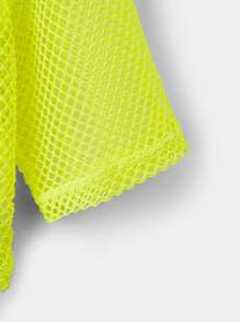 Neon Lime Solid Fishnet Mesh Graphic Summer GraphicCrop Top - Lime Green - View 4