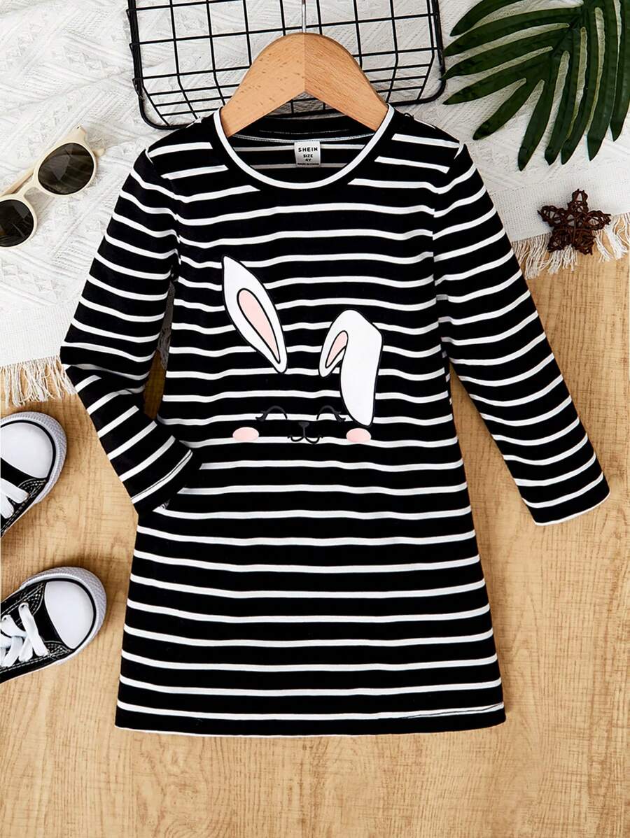 SHEIN Young Girl Striped & Cartoon Graphic Tee Dress - Black and White - View 1