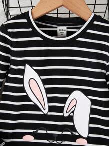 SHEIN Young Girl Striped & Cartoon Graphic Tee Dress - Black and White - View 3