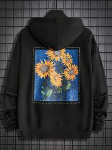 GENTILAND 超大码男士加大码向日葵印花抽绳连帽运动衫 - 黑色 - 查看 2