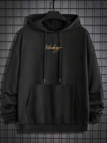 GENTILAND 超大码男士加大码向日葵印花抽绳连帽运动衫 - 黑色 - 查看 1