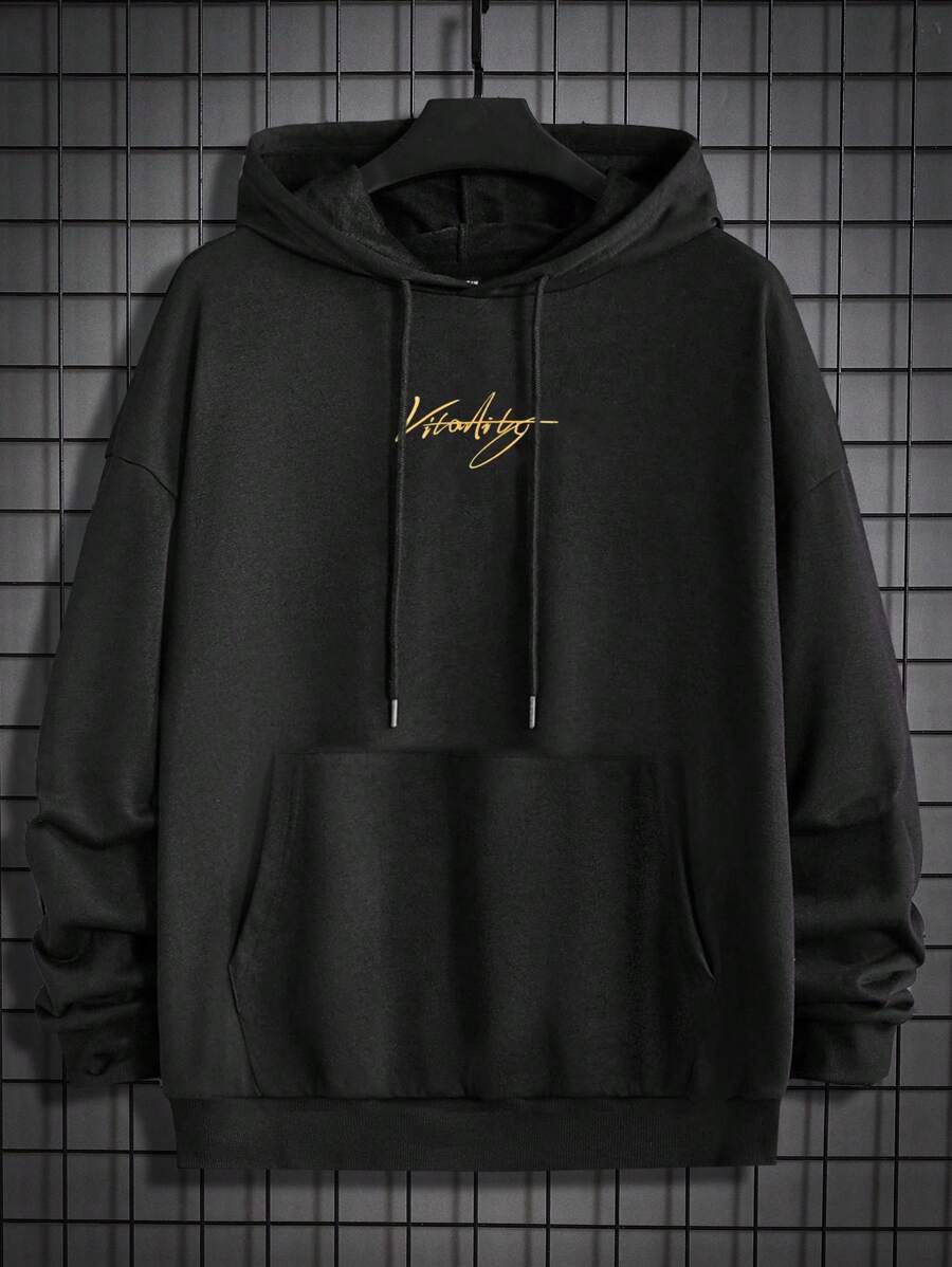 GENTILAND 超大码男士加大码向日葵印花抽绳连帽运动衫 - 黑色 - 查看 1