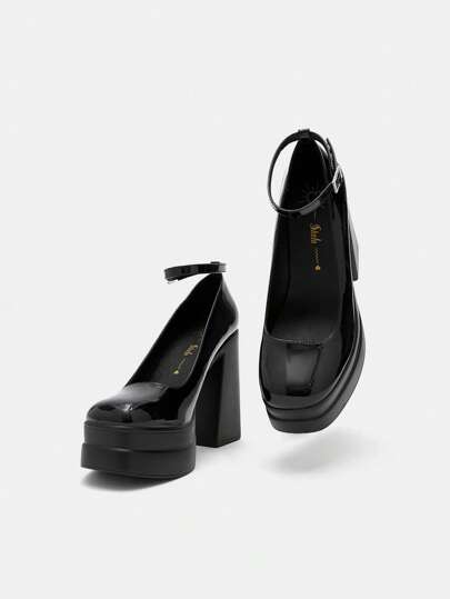 SheIn MOD 女士优雅黑色踝带高跟鞋，水钻扣装饰厚底粗跟人造漆皮高跟鞋度假鞋夏季促销圣诞女巫秋季新年假期