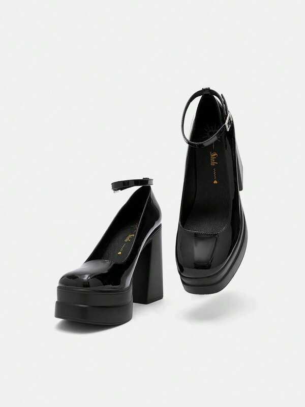 SheIn MOD Elegantes tacones de tobillo negros para mujer, zapatos de tacón grueso con plataforma, hebilla con diamantes de imitación, recubierto, perfectos para vacaciones, rebajas de verano, Navidad, Año Nuevo y días festivos