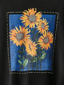 GENTILAND 超大码男士加大码向日葵印花抽绳连帽运动衫 - 黑色 - 查看 3