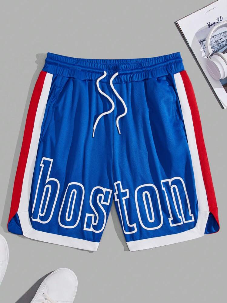 EASEVO Hombres talla grande Shorts con estampado de letra ribete en contraste de cintura con cordón - Azul - Ver 1