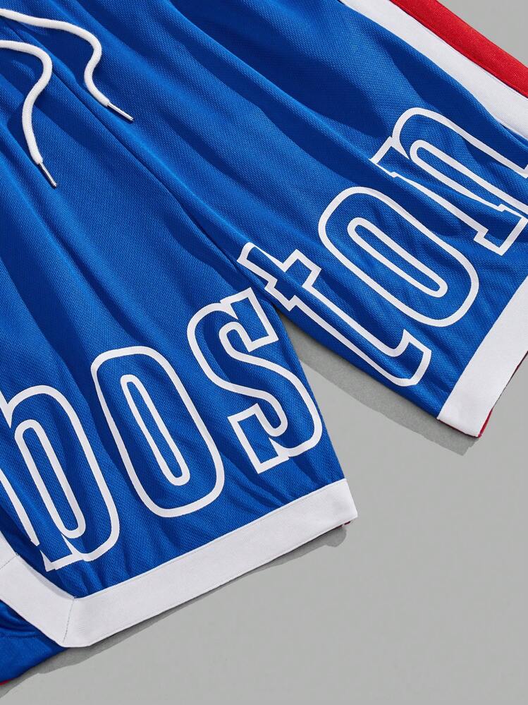 EASEVO Hombres talla grande Shorts con estampado de letra ribete en contraste de cintura con cordón - Azul - Ver 7