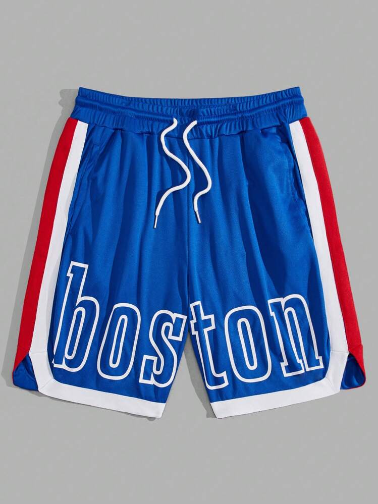 EASEVO Hombres talla grande Shorts con estampado de letra ribete en contraste de cintura con cordón - Azul - Ver 5
