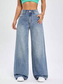 SHEIN EZwear High Waist Wide Leg Jeans - Blue - View 1