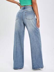 SHEIN EZwear High Waist Wide Leg Jeans - Blue - View 2