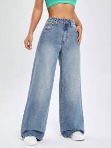 SHEIN EZwear High Waist Wide Leg Jeans - Blue - View 3