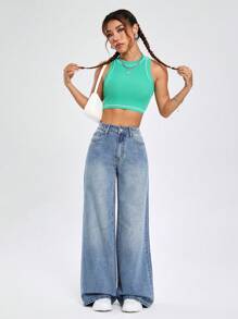 SHEIN EZwear High Waist Wide Leg Jeans - Blue - View 4