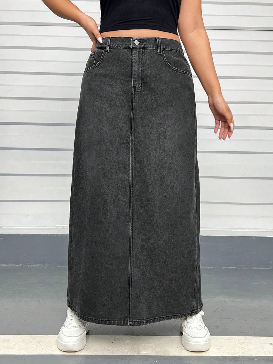 SHEIN EZwear Hơn Túi nghiêng Váy Denim - màu đen - Xem 1