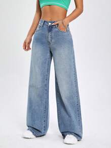 SHEIN EZwear High Waist Wide Leg Jeans - Blue - View 5