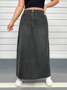 SHEIN EZwear Hơn Túi nghiêng Váy Denim - màu đen - Xem 3