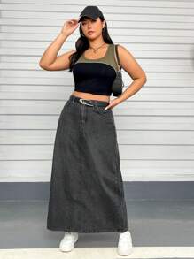 SHEIN EZwear Hơn Túi nghiêng Váy Denim - màu đen - Xem 4