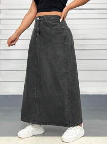 SHEIN EZwear Hơn Túi nghiêng Váy Denim - màu đen - Xem 5