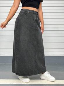 SHEIN EZwear Hơn Túi nghiêng Váy Denim - màu đen - Xem 6